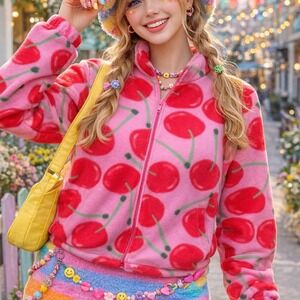 Better Unsaid Pink Cherry Print Mock Neck Polar Fleece Jacket small